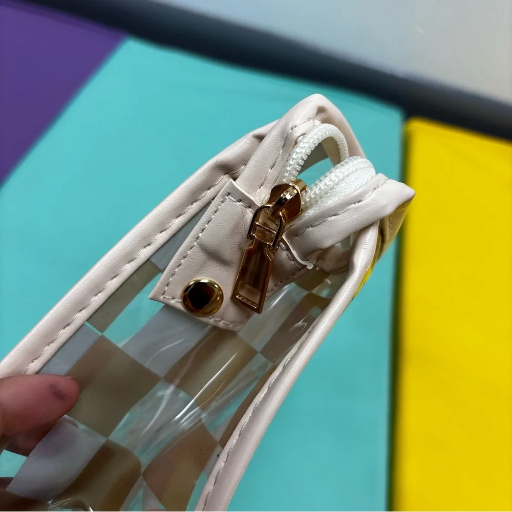 Anthropologie Beige Checkered‎ Cosmetic Clutch